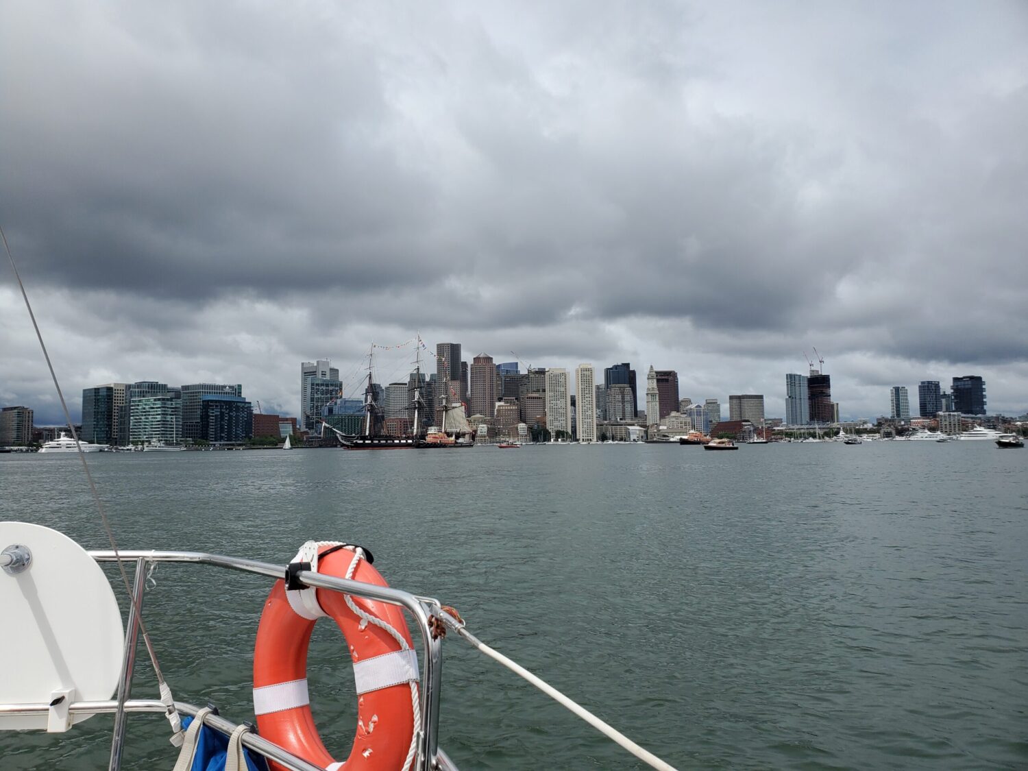 Boston skyline and the USS Constitution